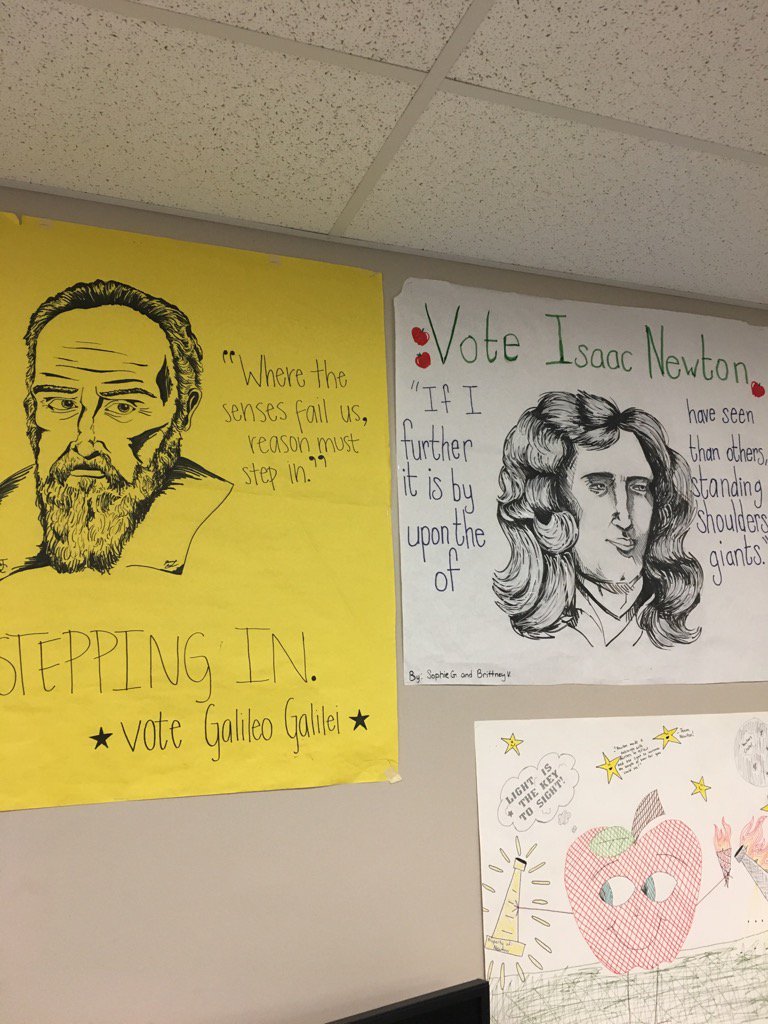 MrBrownsPhysics's tweet photo. Election Day! Two worthy candidates. Political commercials, campaign posters, a ferocious debate! #Newton #Galileo https://t.co/naNaGaYlXs