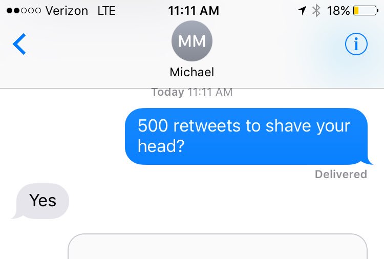 rellewmusic's tweet photo. 500 retweets to get @17mmassimilla to shave his head https://t.co/EPPO8Pbcwt