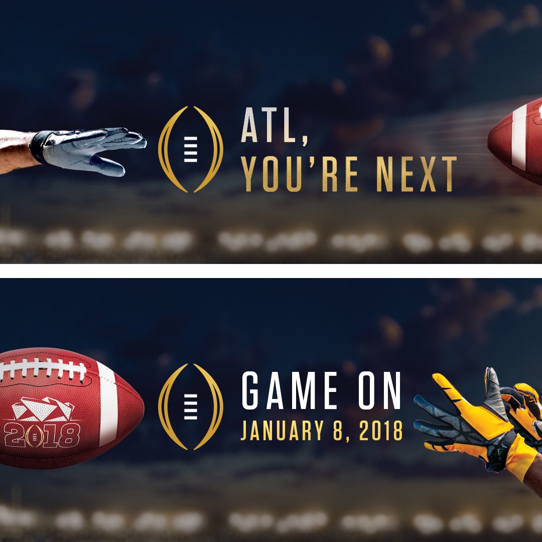 atlchampgame's tweet photo. From Tampa to Atlanta 👉 Game On! #CFBPlayoff fans, see you on January 8, 2018 @MBStadium #ATLChamp2018! 🏈 https://t.co/2cjuSpJRdV