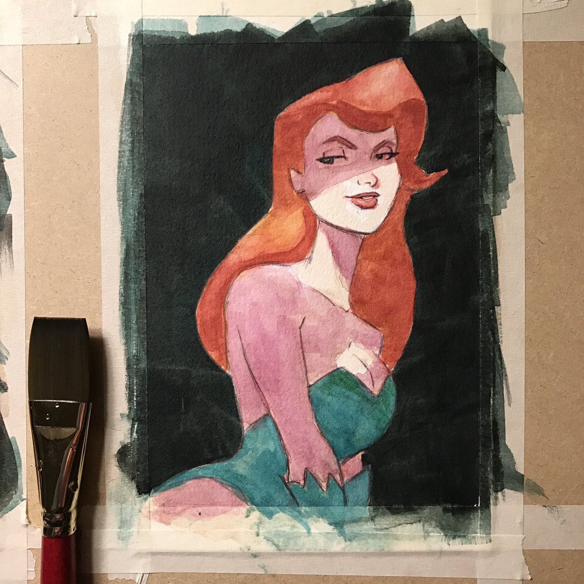 Lawvalamp's tweet photo. Little progress on a #PoisonIvy painting in watercolor. #fanart #dccomics #brianlawver #batman https://t.co/aQtGJCyMwo