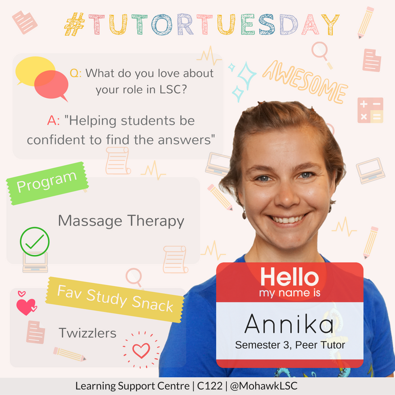 MohawkLSC's tweet photo. Say hi to our featured tutor for #TutorTuesday, Annika! π | Good news, FREE peer tutoring begins next week! | #MohawkLead https://t.co/ZGutYoOj15