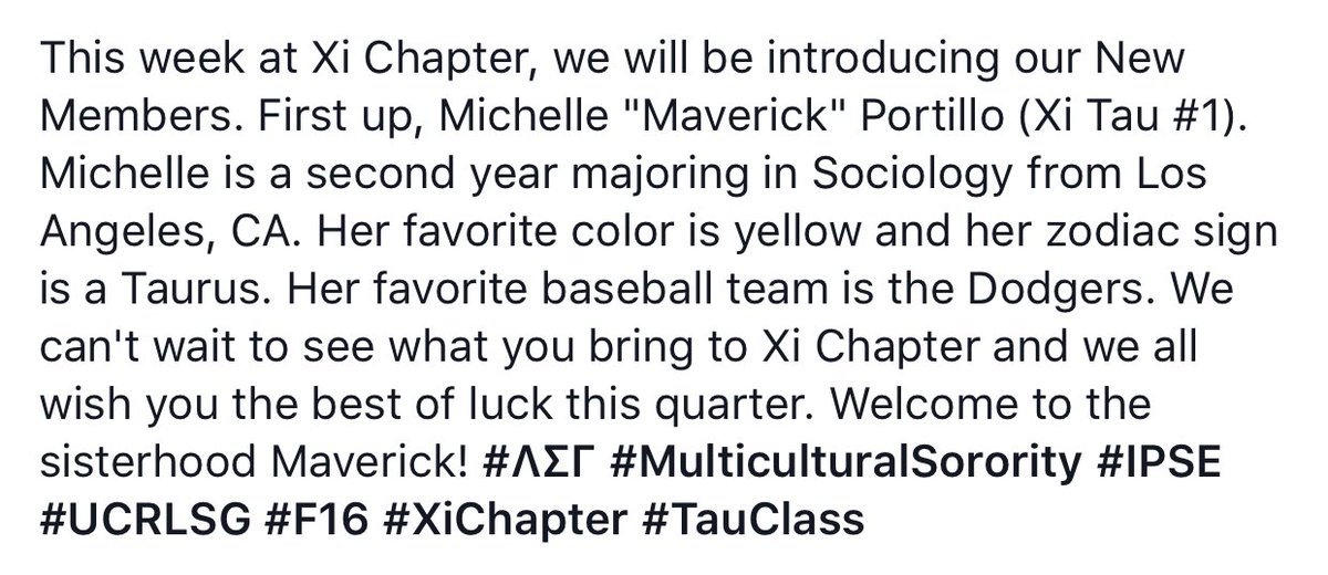 ucr_lsg's tweet photo. First Up, Michelle Portillo ( Xi Tau #1 "Maverick"): #UCRLSG #ΛΣΓ #MulticulturalSorority #XiChapter #TauClass #F16 https://t.co/ui467OO3m6
