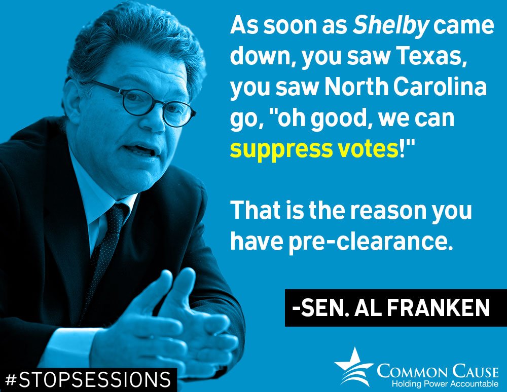 CommonCause's tweet photo. We need more hard-hitting lines of questioning on voting rights like the one @SenFranken engaged in. #StopSessions https://t.co/YVDLdffMSZ
