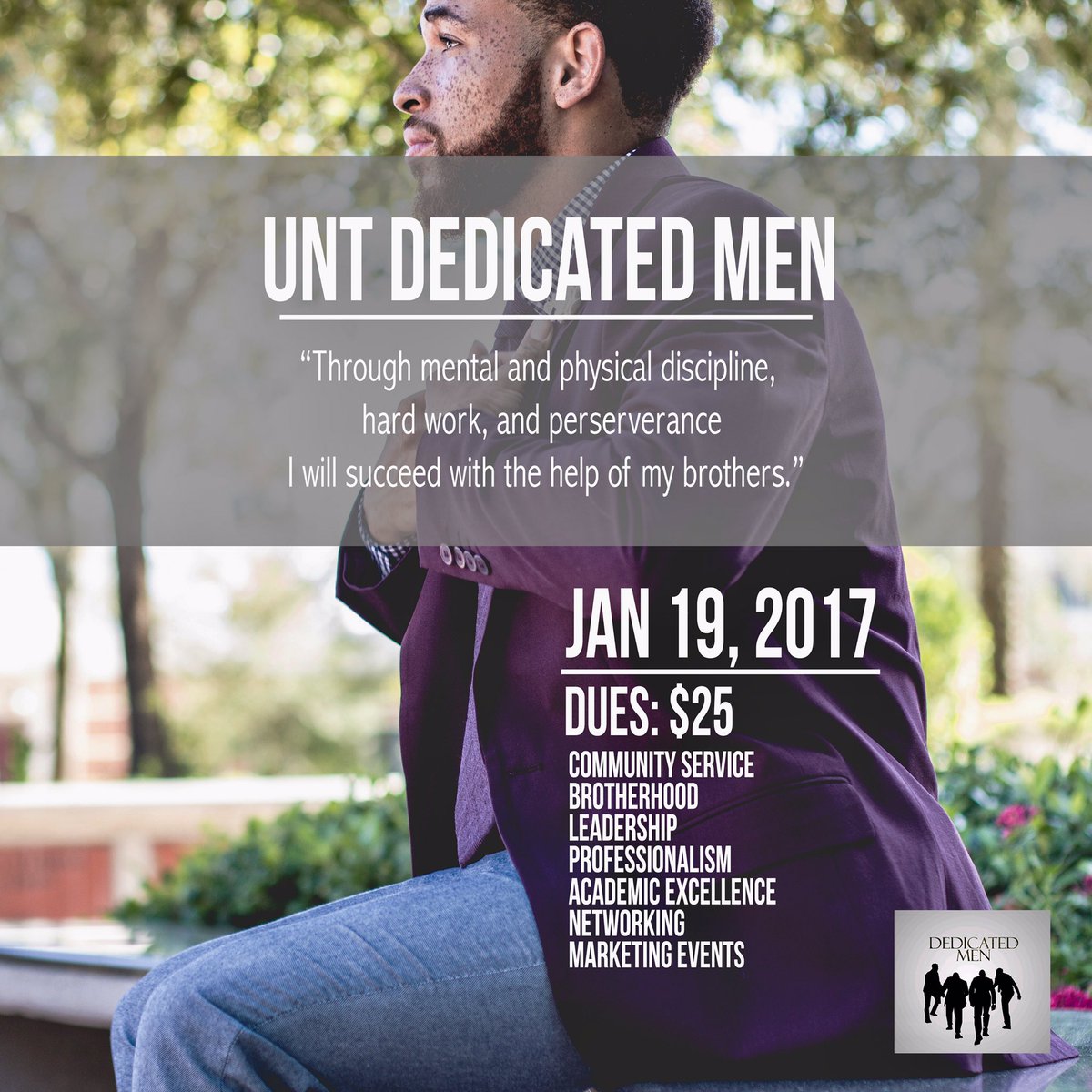 UNTdedicatedmen's tweet photo. See what we have planned this semester with all our upcoming events and activities! You don't want to miss out! #UNTDedicatedMen https://t.co/Za4PG5diic