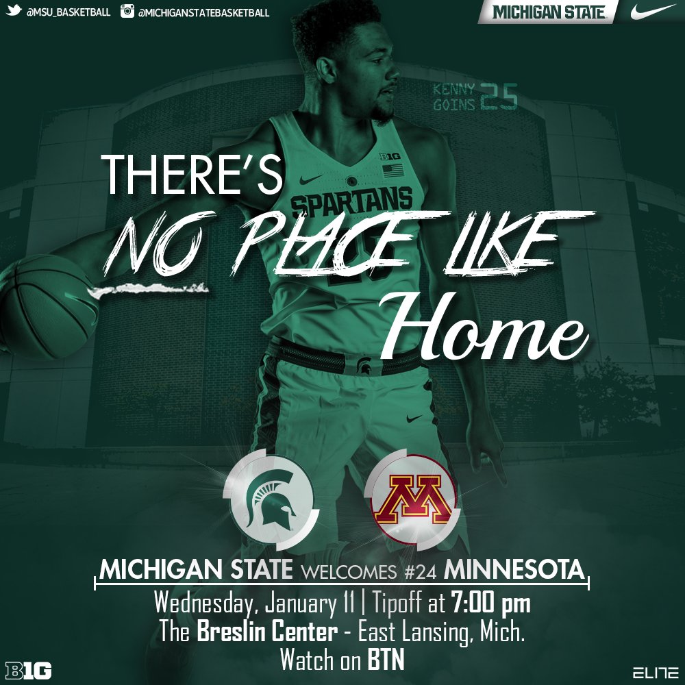 MSU_Basketball's tweet photo. The Spartans welcome the No. 24-ranked Golden Gophers tomorrow night at the Breslin Center at 7 p.m. on BTN. #GoGreen https://t.co/DPBY5QAw8A