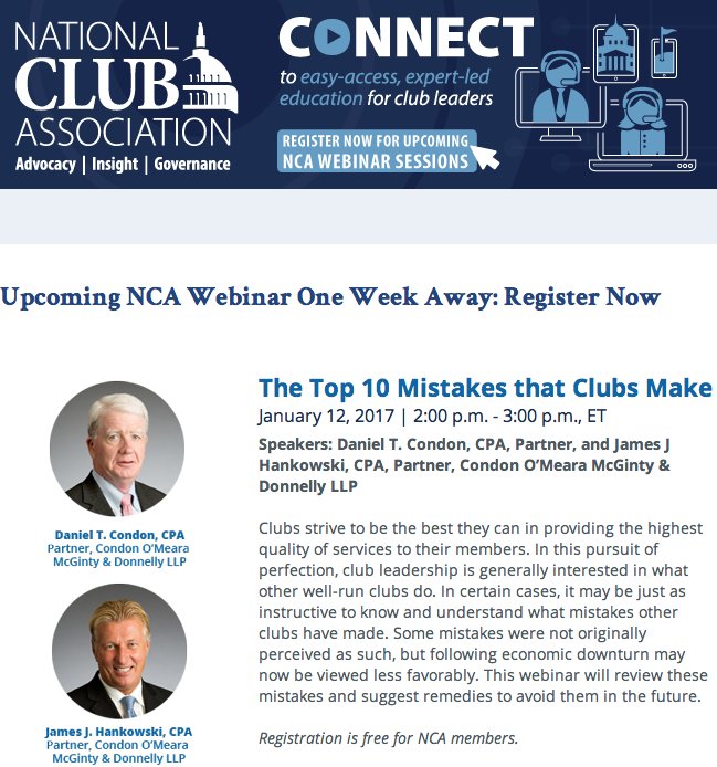 NatlClubAssn's tweet image. Are you making some of the Top 10 Mistakes Clubs Make? Find out from Dan Condon and Jim Hankowski on 1/12 at 2pm ET! nationalclub.org/index.php?src=…
