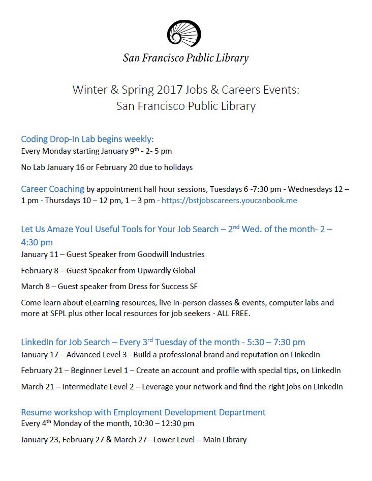 SFConnected's tweet image. Upcoming SF Public Library Job &amp;amp; Career Events sfconnected.org/2017/01/10/upc…