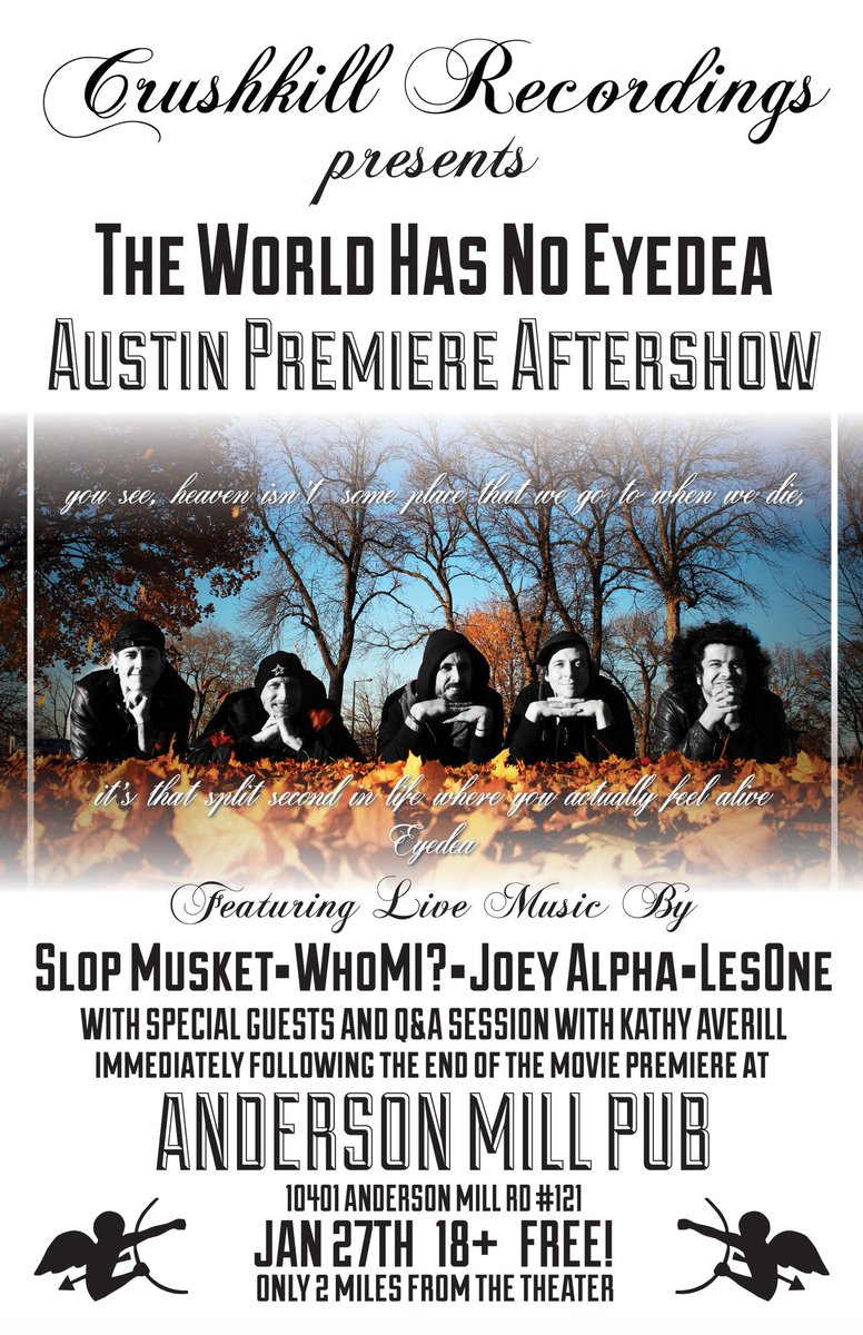 SlopMusket's tweet photo. Our next show is Jan 27th at Anderson Mill Pub and it's free! Immediately after The World Has No Eyedea ATX screening. #crushkillrecordings https://t.co/fsKPYw34IN