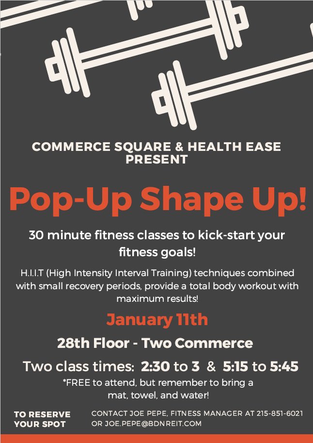 BrandywineRlty's tweet photo. #PopUp Shape Up tomorrow! All #CommerceSquare tenants invited, make sure to reserve your spot! #TenantPerks #ExtraordinaryEnvironments https://t.co/pnONf4MmMx