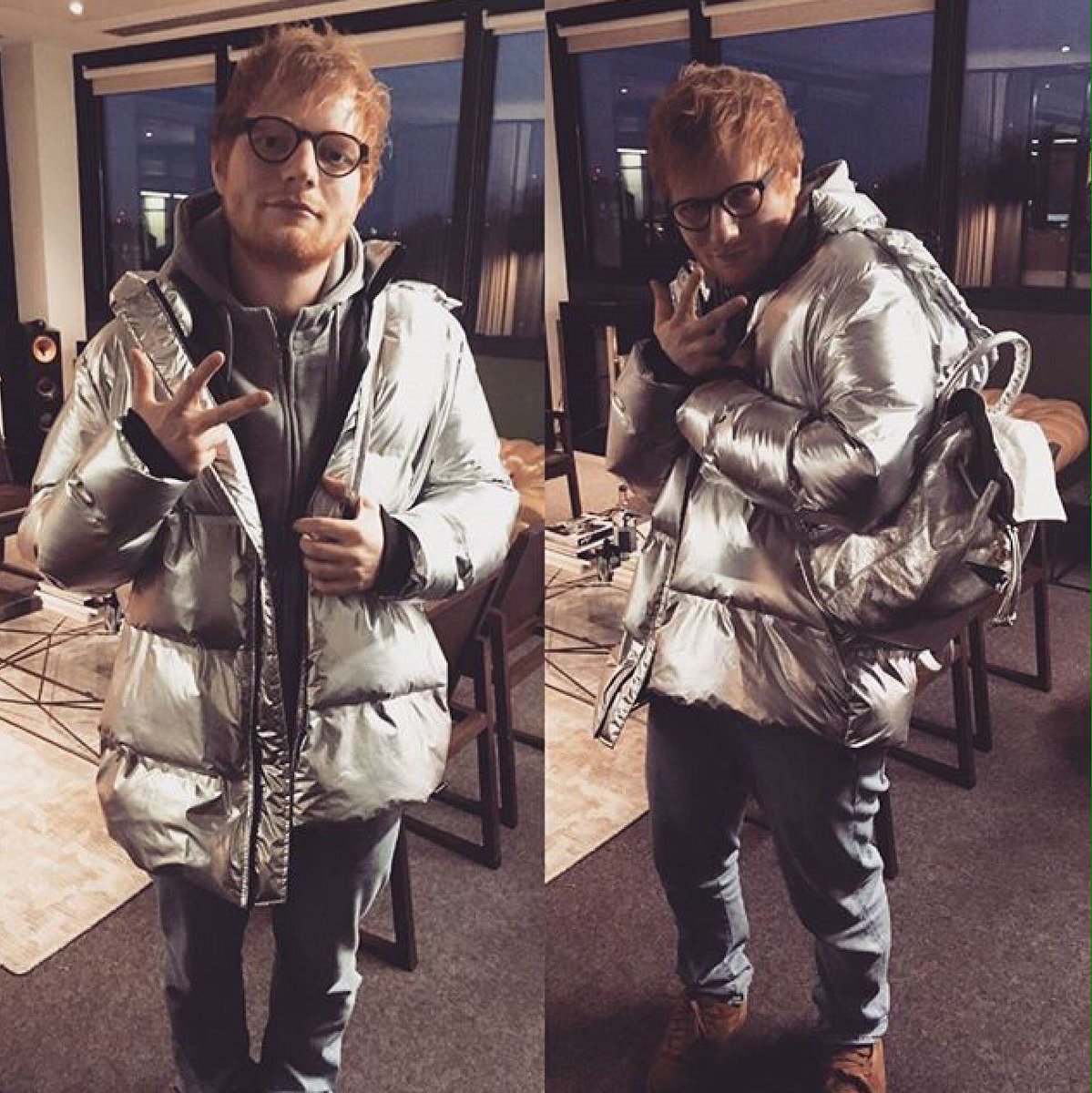 gingagangsta's tweet photo. I didn't know I needed to see Ed wearing a shiny silver jacket until I saw it https://t.co/dyt0tSHkqE