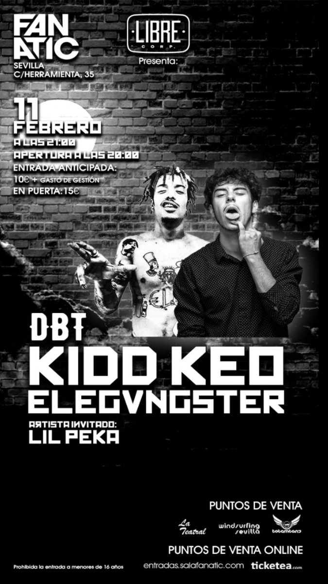 dbtraprecords's tweet photo. Próximo 11/Feb. #Sevilla sala fanatic +16. #KIDDKEO & #ELEGVNGSTER artista invitado #Lilpeka +Info: https://t.co/X6OcAQEytA
#dbtraprecords https://t.co/Be5O7rwdFt
