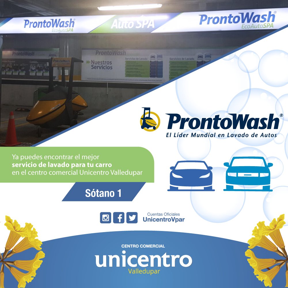 UnicentroVpar's tweet photo. Recuerda que ya puedes tener el mejor lavado para tu auto en el CC Unicentro Valledupar, gracias a #ProntoWash, te esperamos en el sótano 1 https://t.co/yjxmlWuvBm