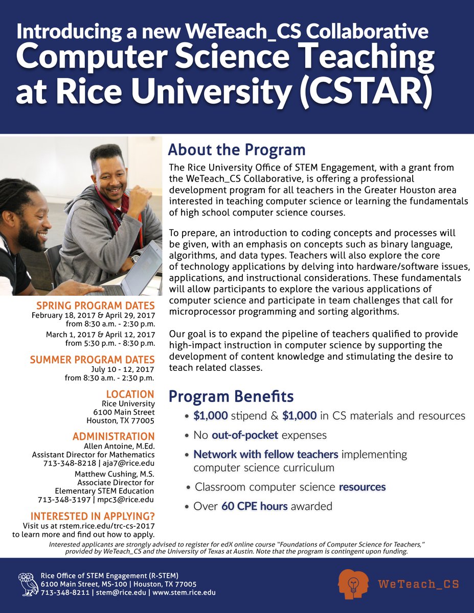 RiceU_STEM's tweet image. Application open for Computer Science Teaching at Rice (CSTAR) 2017! Deadline is Friday, Jan 13 --&amp;gt; ow.ly/aHl2307Sp1w  #WeTeach_CS #CS
