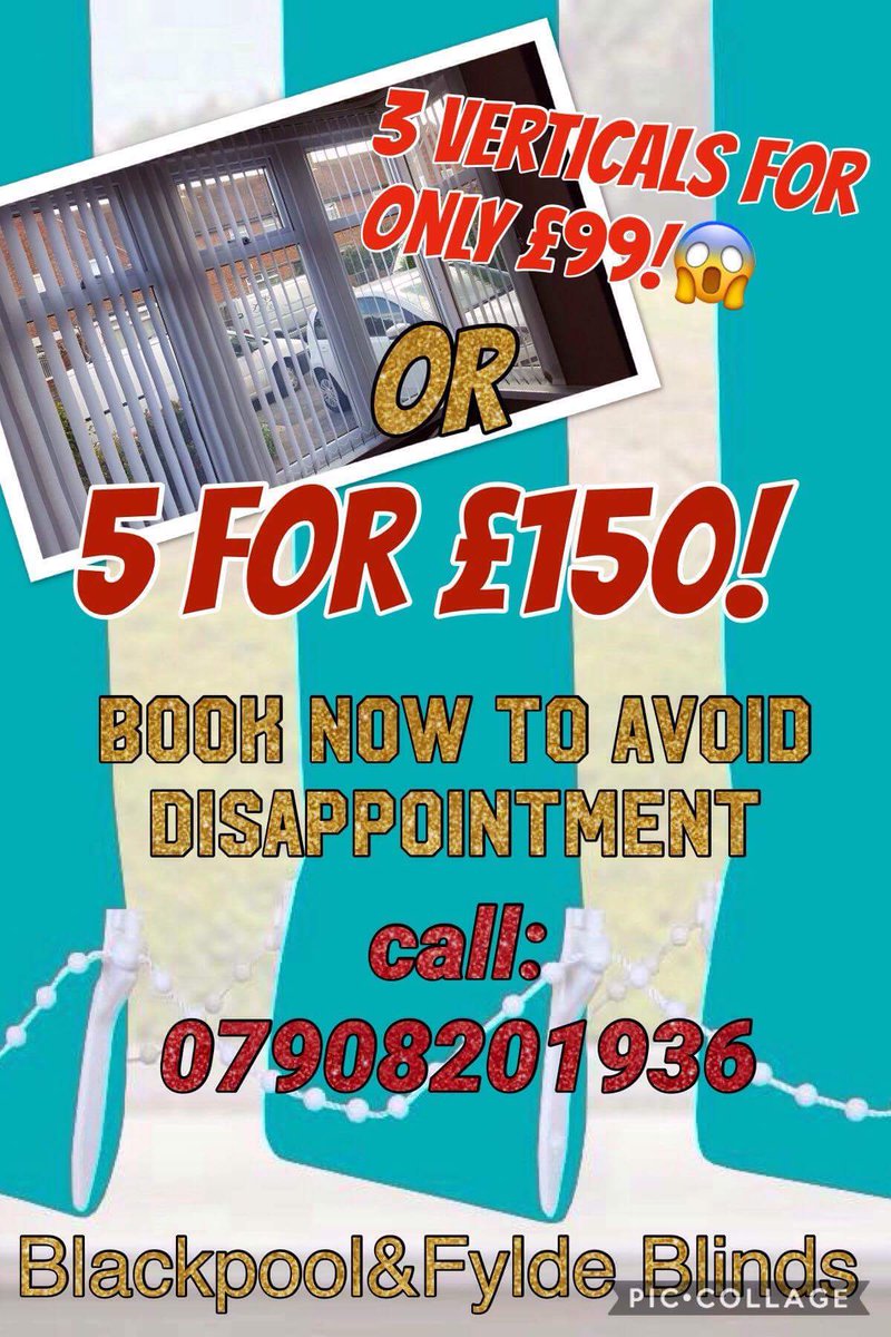3 Vertical Blinds Fitted From £99 
Call or message now
more blind types available. facebook.com/Blackpoolblind…
Call 07908 201936
PLEASE SHARE