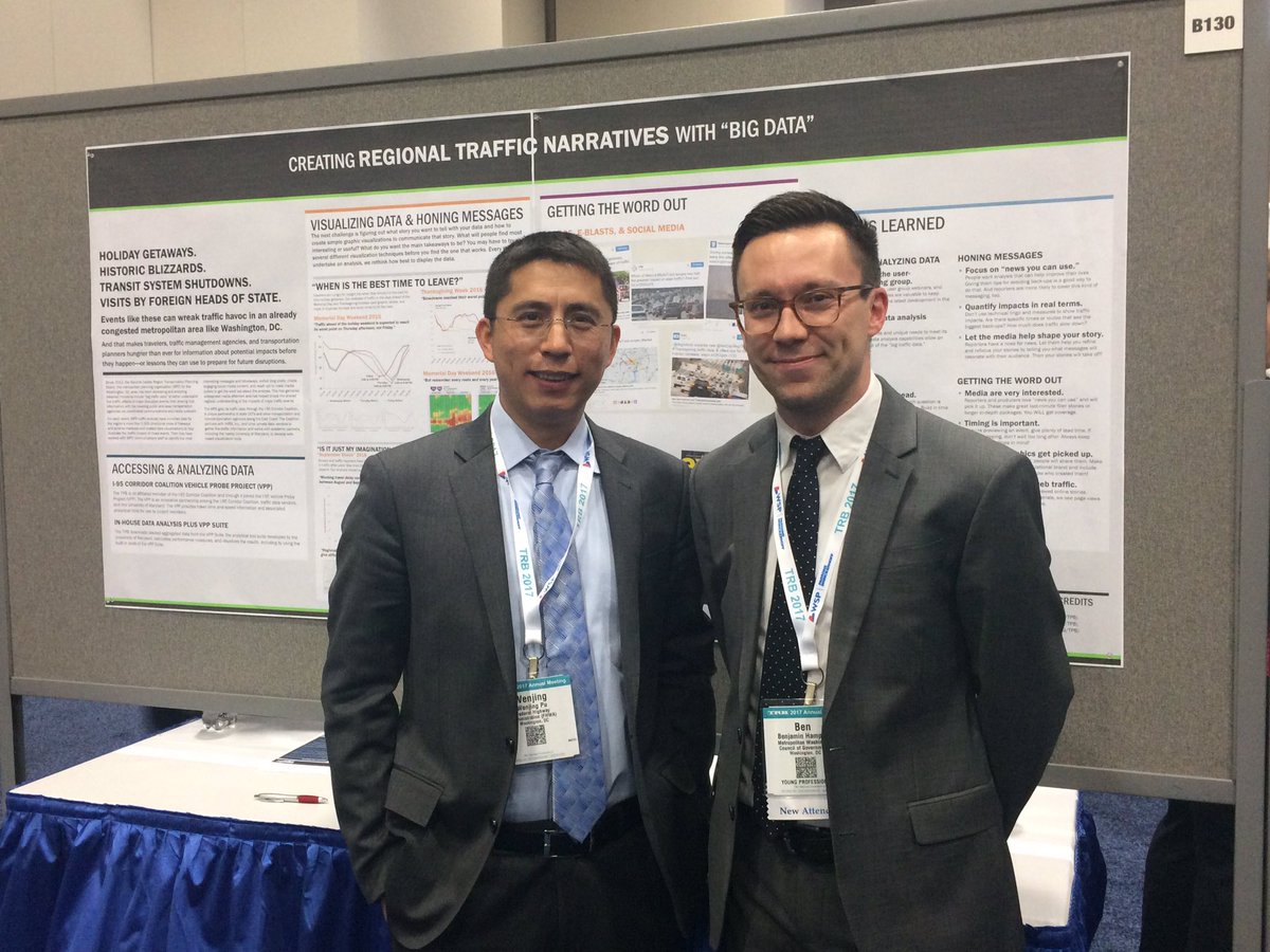 NatCapRegTPB's tweet photo. Happening now: Our "Creating Regional Traffic Narratives Using #BigData" poster is underway in Hall E! #TPBatTRB #TRBAM https://t.co/JmEQJKwV9R