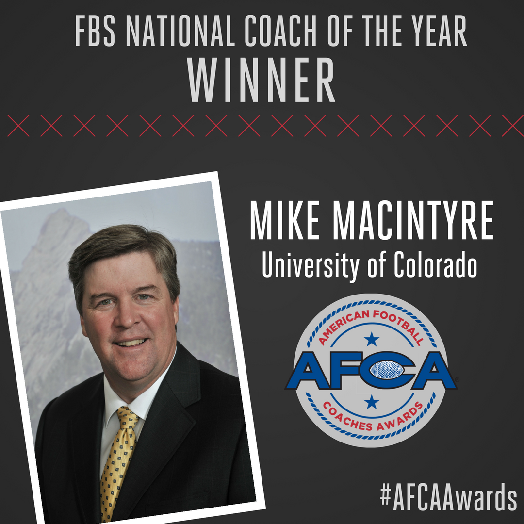 WeAreAFCA's tweet photo. And the big winner is… @CoachMikeMac of Colorado! What an amazing season for a top-notch coach and a great guy. https://t.co/8mEr1eaXQi