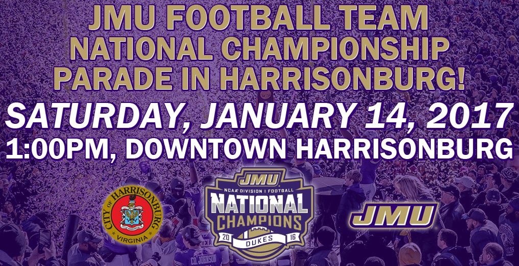 JMUPartyProbz's tweet photo. The City and #JMU are partnering to host a parade for #JMUfootball this Saturday, January 14 downtown at 1pm! #godukes https://t.co/mYjqYEGYbU