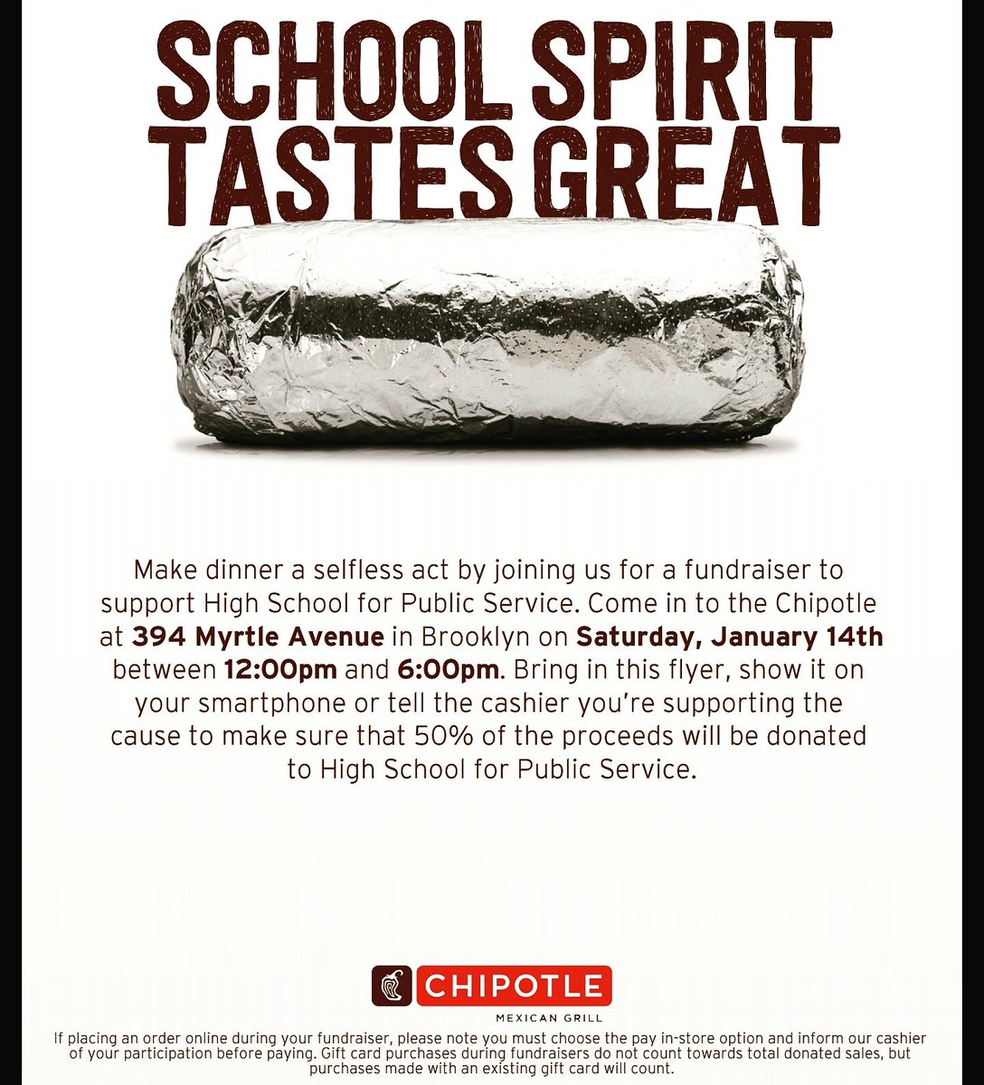 HSPSYouthFarm's tweet photo. Eat @ChipotleTweets &amp; support our Farm Club at @HSPublicService!  Sat,1/14,12-6pm at 394 Myrtle Avenue, BK.   #youthfarmers #supportaged  🌯🌮 https://t.co/00V3GnARXl