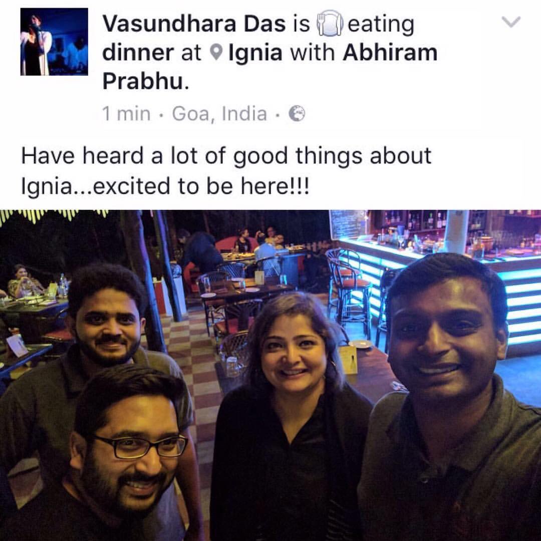 IgniaGoa's tweet photo. Acclaimed singer and actress Vasundhara Das at Ignia yesterday. @The_Goan_Foodie @hashgoa @snehatrikha @indianfilms @FoodiesofIndia https://t.co/xSFxw27eJP