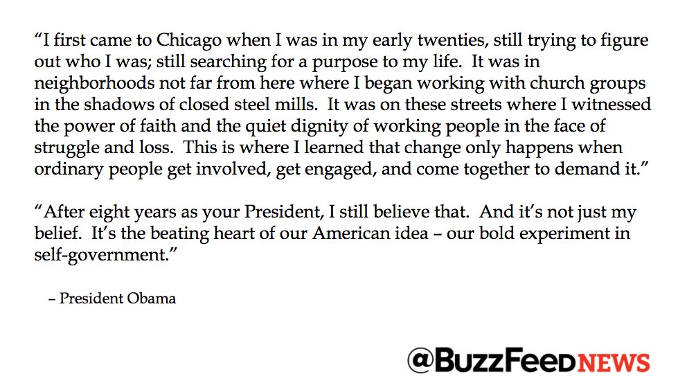 BuzzFeedNews's tweet photo. Obama out: The president is delivering his farewell speech Tuesday at 9 p.m. ET from Chicago. Here's what to expect https://t.co/JMI1NkXQTj https://t.co/s0Lj8JEuwV
