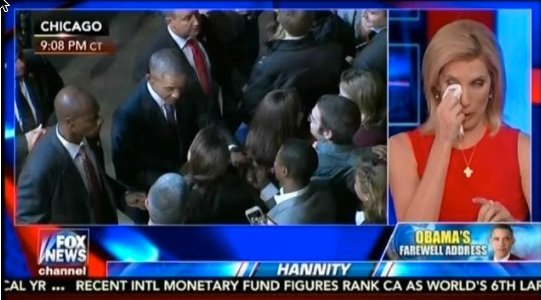 mmfa's tweet image. Laura Ingraham on Fox insulted Obama for tearing up at his farewell address.