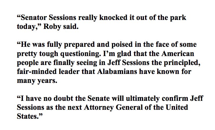 MarthaRobyAL's tweet photo. Sen. Sessions really knocked it out of the park today. Prepared &amp; poised amid tough questioning. No doubt the Senate will #ConfirmSessions https://t.co/HUccZHrVjZ