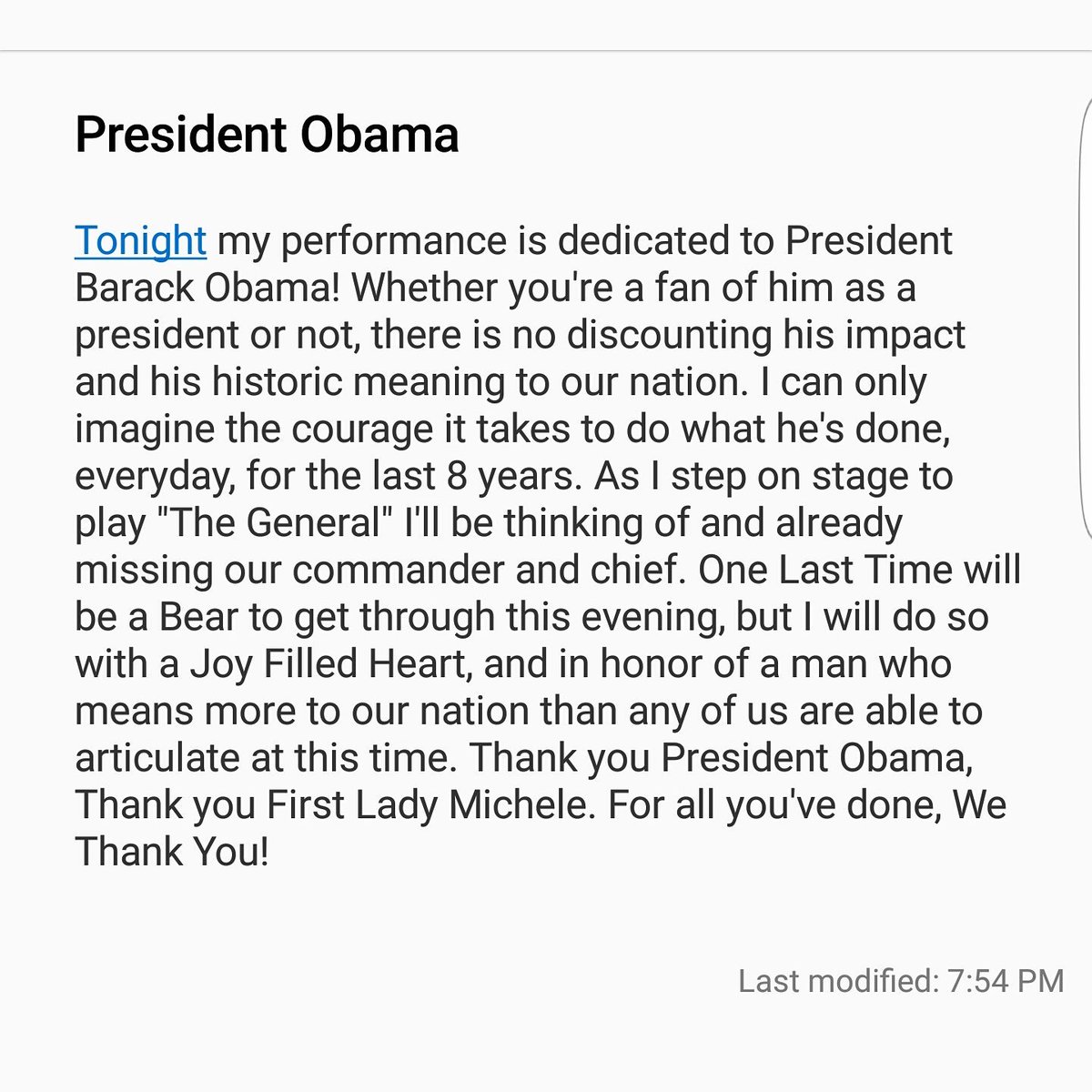 Tonight we do it for President Obama. Thank you. <a href="/POTUS/">President Donald J. Trump</a>  #HamiltonChi #GeneralGDub #WashCHIngton