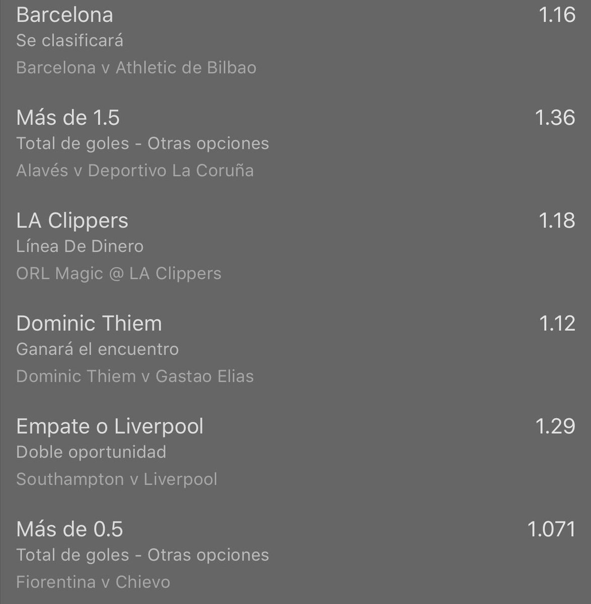 TUTUtorialLD's tweet image. La de hoy !!
Barcelona clasificado ⚽️
Alaves-Depor +1,5⚽️
Clippers 🏀
Dominic🎾
X o Liverpool⚽️
Fiorentina - Chievo + 0.5⚽️