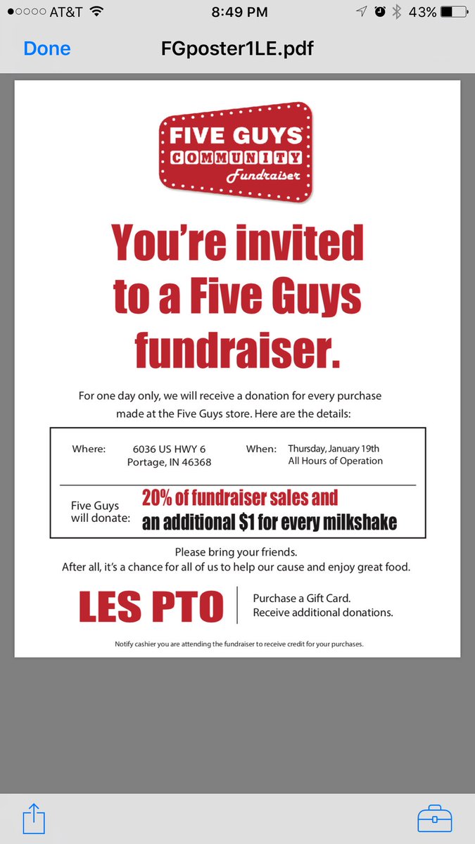 pto4les's tweet photo. Save the Date!! Five Guys Fundraising Night 1/19 at Portage Location! https://t.co/n9jsnBSQOS