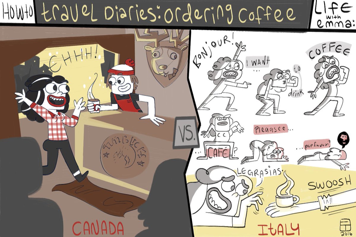 HowToLifeEmma's tweet photo. Canada: All you need to know is "Eh!". Italy: Good luck. #coffee #travelling #comic #traveltips #canada #italy https://t.co/fdikMMnmNN