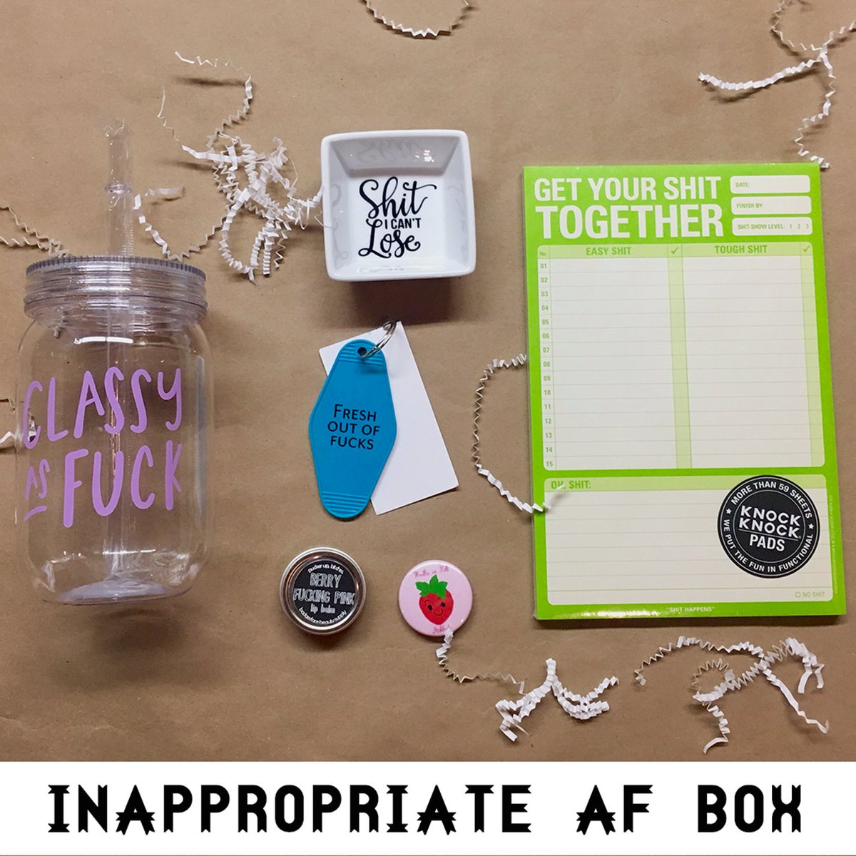 SmartassAndSass's tweet photo. Check out all the goods in our #inappropriateAF gift box, available NOW! #classyasfuck #getyourshittogether https://t.co/D8hpjy8VL8 https://t.co/Vo7rv1SwJH