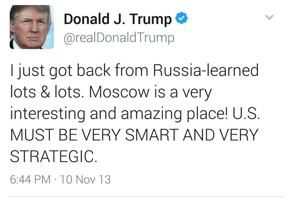 Stupidmoll's tweet photo. Trump: Must be very smart & very strategic
lmao i bet he learned lots & lots in Russia #GoldenShowers #StrategicAF https://t.co/JkDBsHgjYg