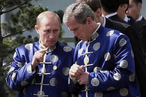 Putin: Our wardrobe is from asian Bush: Yes, the china part. Putin: Hello Bush: Hi