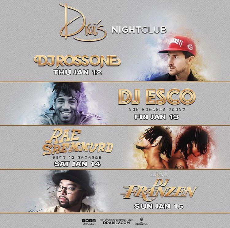 drais_manion's tweet photo. This weekend at #Drais!
Thu @djrossone
Fri @EscoMoeCity
Sat @RaeSremmurd
Sun @DJ_FRANZEN
#djrossone #djesco #raesremmurd #djfranzen #draislv https://t.co/CHV4vitfYW