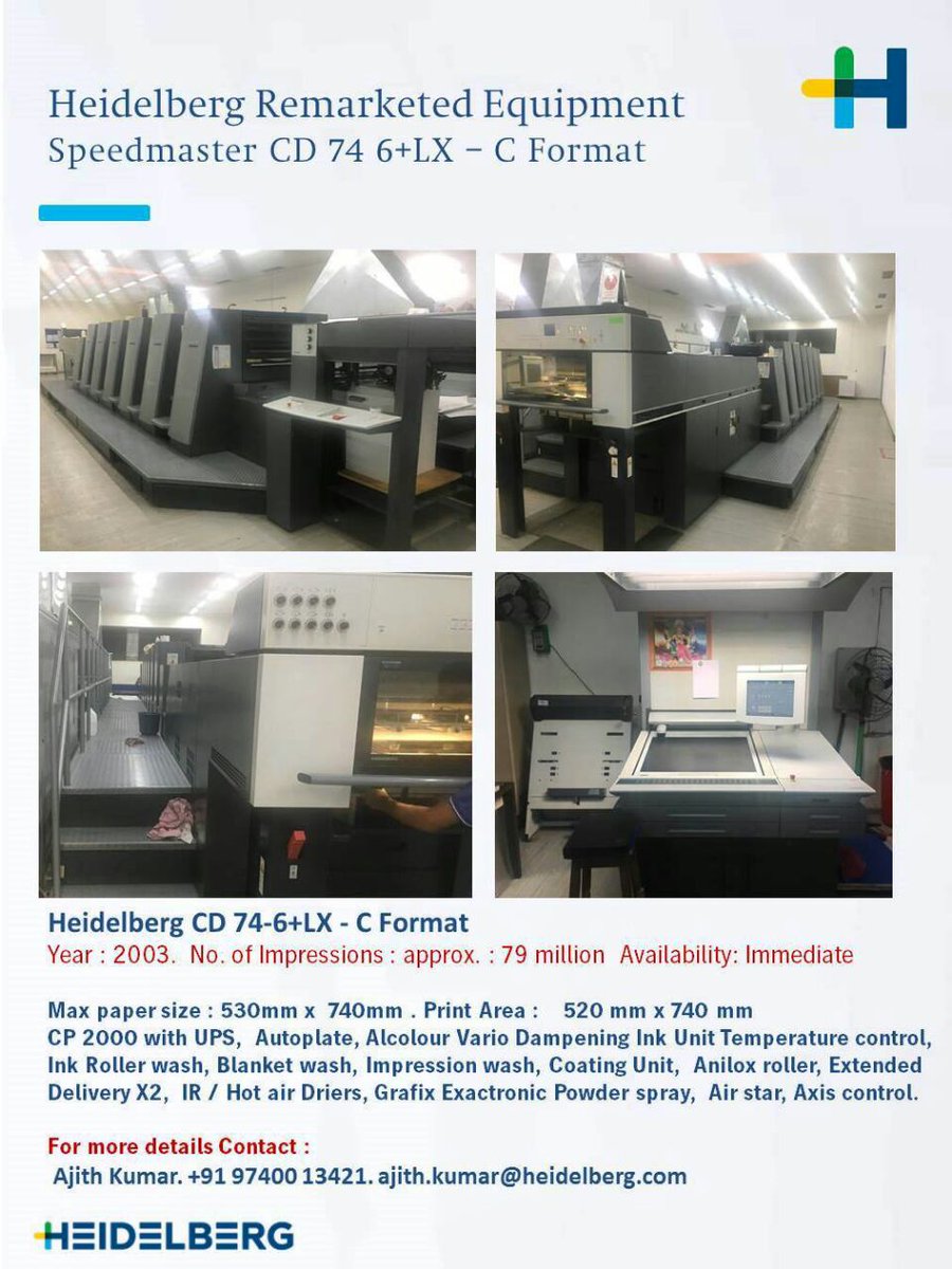 HeidelbergIndia's tweet photo. #SpeedmasterCD74, Six #ColorPress with coater is available for sale, 2003 model with 79 million impressions! https://t.co/ewqvpXvBuf https://t.co/VIVV32VpAb