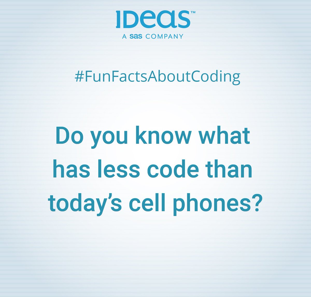 IDeaS_TechCen's tweet photo. NASA’s reusable spacecraft, the Space Shuttle that went into space had less code than most of today’s cell phones! #FunFactsAboutCoding. https://t.co/UrxocjxgTq