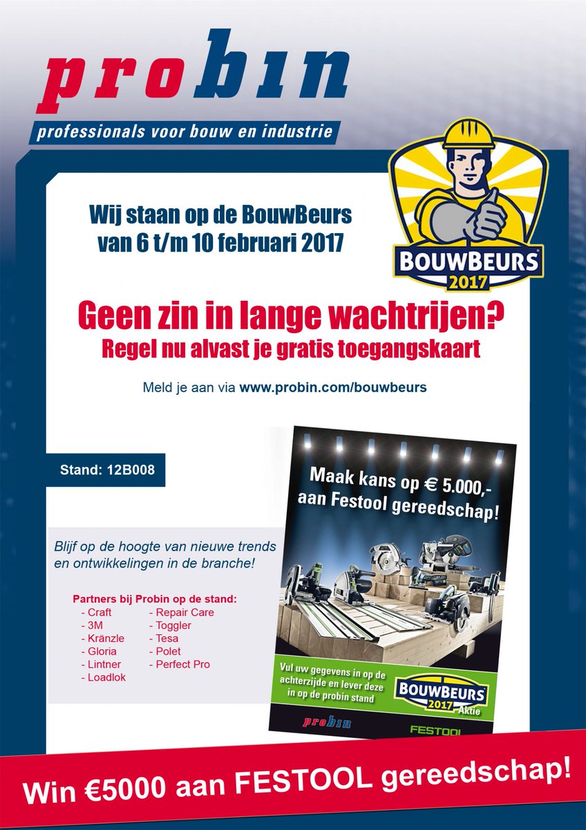 TransferroBV's tweet image. Gratis toegangskaarten voor de BouwBeurs en kans maken op €5000 aan Festool gereedschap?  p3e.nl/-_U2