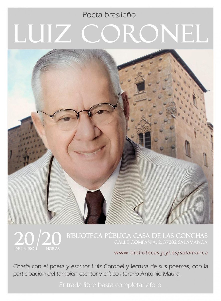 Viernes, 20 de enero, a las 20 hs, charla con el poeta y escritor brasileño Luiz Coronel en la Biblioteca Pública <a href="/casaconchas/">Biblioteca Salamanca</a> en #Salamanca