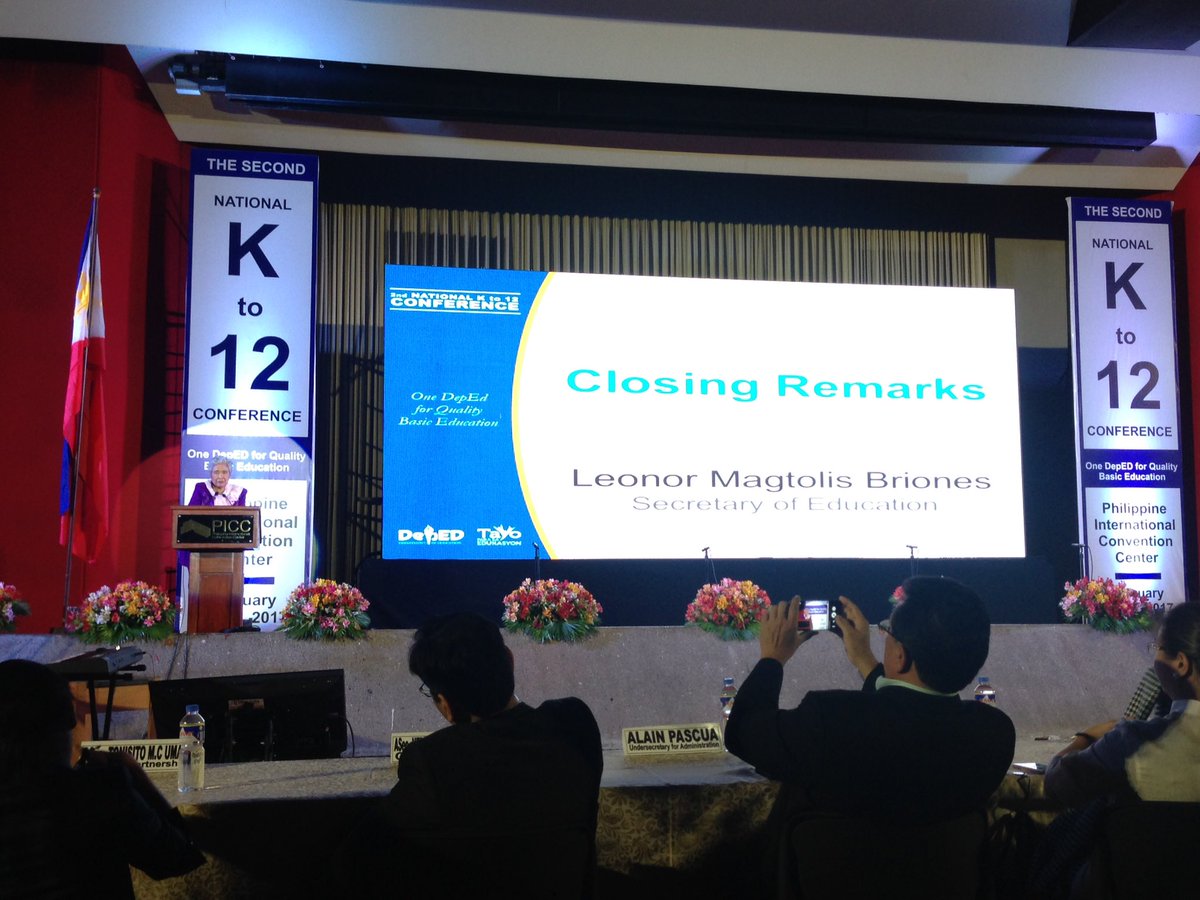 DepEd_PH's tweet photo. NOW: DepEd Secretary Leonor Magtolis-Briones gives her closing message at the 2nd National K to 12 Conference. #OneDepEd https://t.co/KIjfjgvBTy