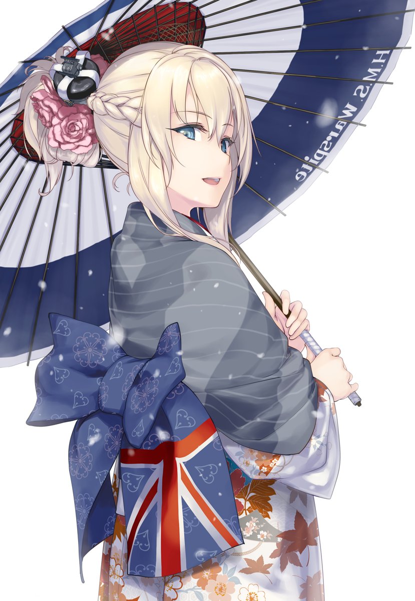 warspite (kancolle) 1girl umbrella japanese clothes solo kimono blonde hair blue eyes  illustration images