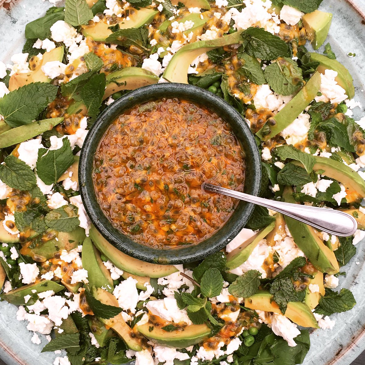 Harvest Table freshie: Avo, peas, fresh herbs and Danish feta with a zingy granadilla and chilli dressing ❤️👌🏻#seasonal #summermunching