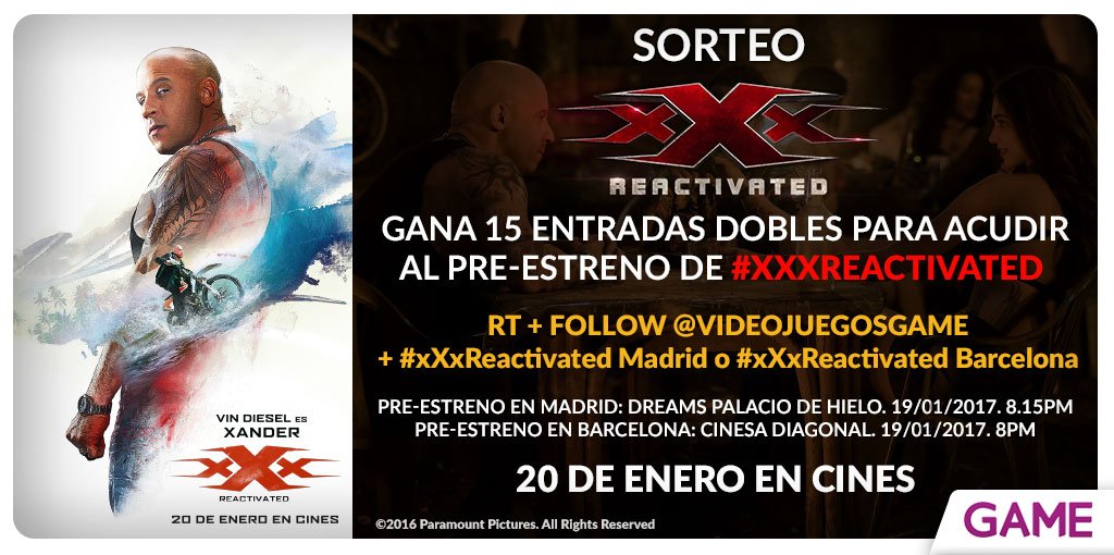 VideojuegosGAME's tweet photo. #Sorteo de entradas dobles para ver xXx Reactivated en cines 🎦
RT + Follow + #xXxReactivated Madrid o Barcelona

https://t.co/bUiNf9vBu5 https://t.co/EHRqcu7oFP