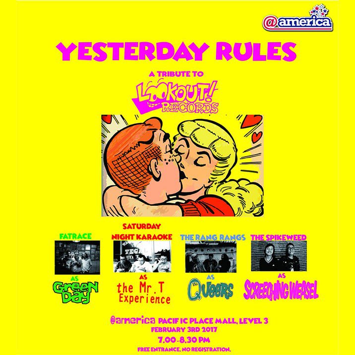 Yesterday Rules: A Tribute To Lookout! Records, 3 Feb with <a href="/_fatrace/">fatrace</a> <a href="/therangrangs/">The Rang-Rangs</a> <a href="/Spikeweed1234/">The Spikeweed</a> <a href="/SNKblahblahblah/">Saturday Night Karaoke</a> holytunes.co/yesterday-rule…