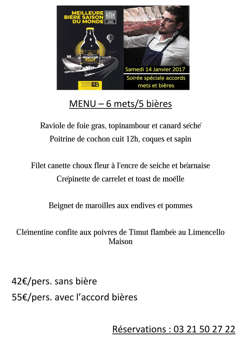 Ce samedi 14 Janvier, l'Infini vous propose un menu spécial accords mets et bières ! Renseignements et réservations au 03 21 50 27 22