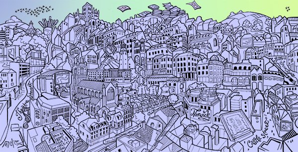 City of Stories by <a href="/genealityart/">Beverley Gene Coraldean</a>. She's our featured artist for the month, sign up at takeawayart.co.uk to get the box she creates.