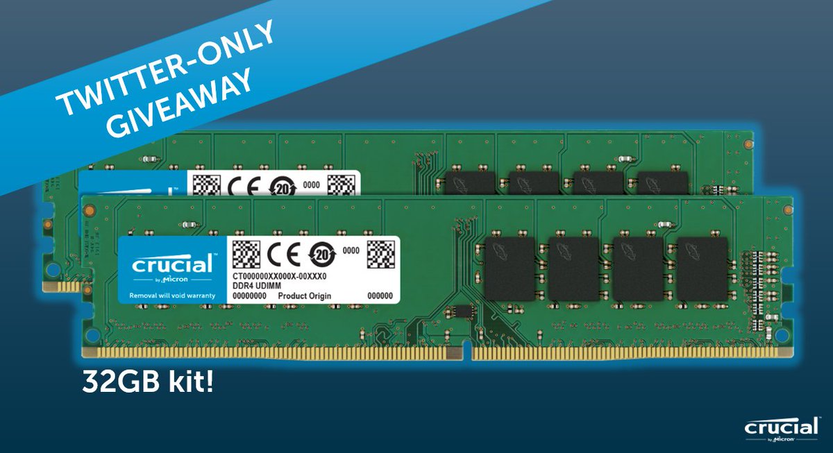 Retweet for a chance to #win a Crucial 32GB RAM kit of your choice up to a US$500 value! (Deadline Jan 31, US/CA/UK/EU only)