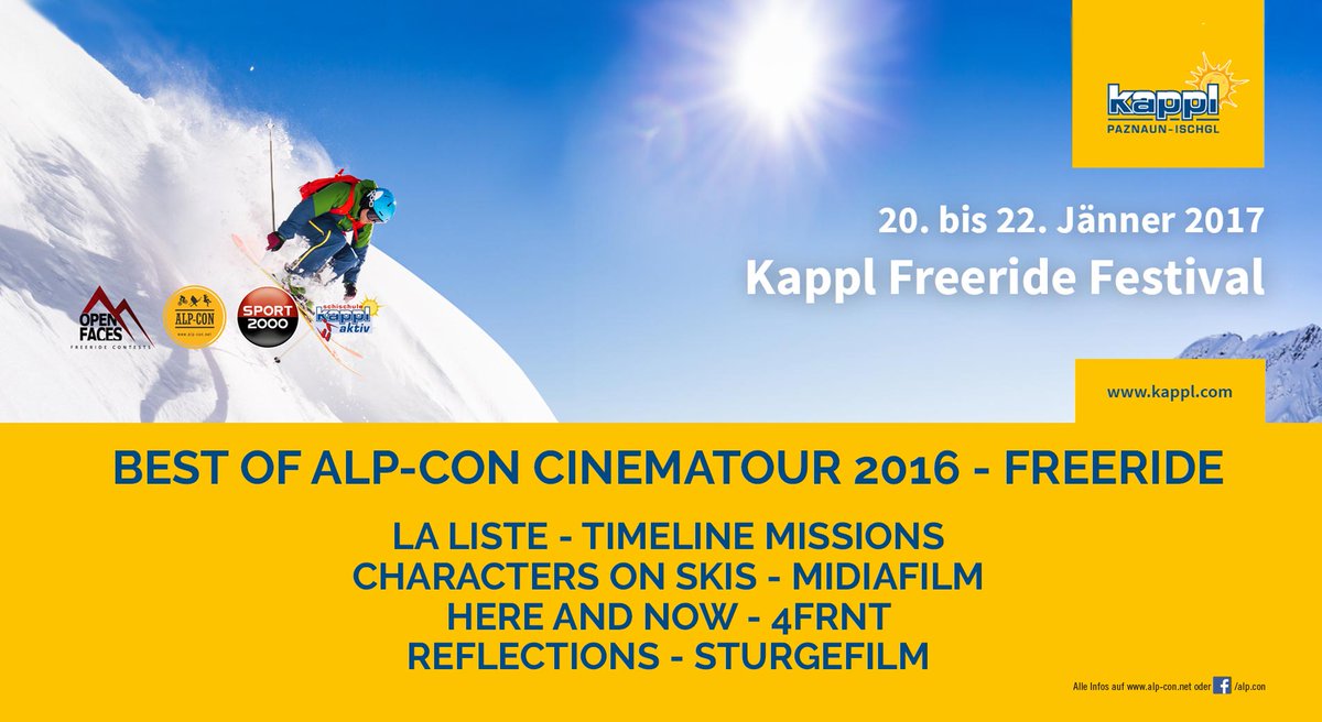 AlpConNet's tweet photo. Kappl Freeride Festival mit einem Alp-Con CinemaTour Stopp https://t.co/k2eOHOw7XF #AlpCon #ACCT16 #Ski #SNOW #Freeride @kappl_insider https://t.co/5d8L2W37n9