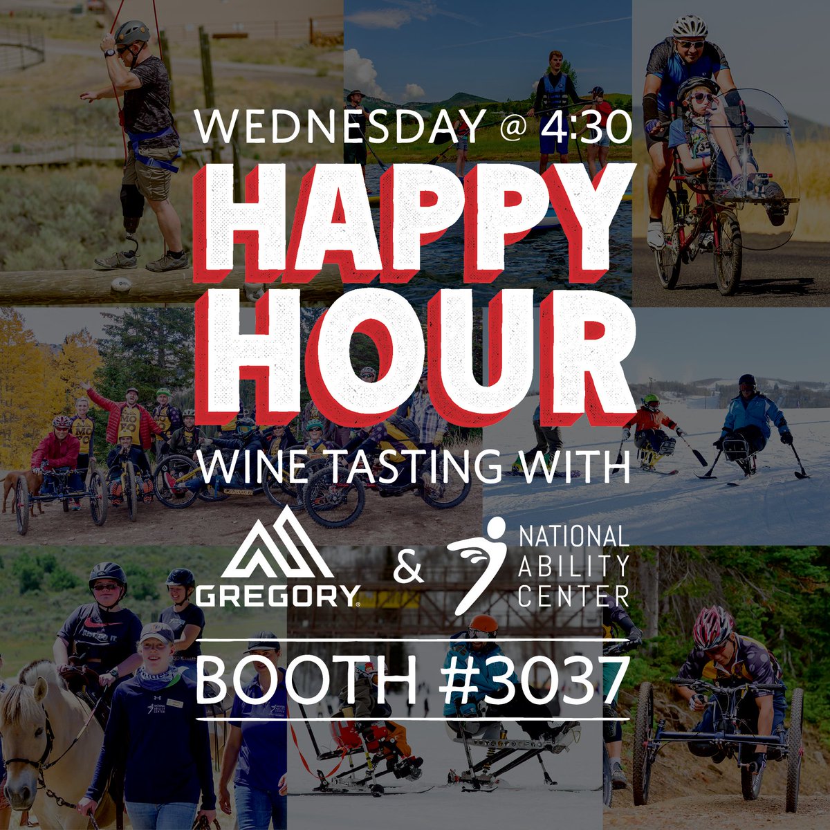 GregoryPacks's tweet photo. Hang with @gregorypacks and support @abilitycenter at 4:30pm by drinking $5 vino and enter the gear raffle! #ORWM17 #happyhour #ORShow https://t.co/3cQ0cyAmpf