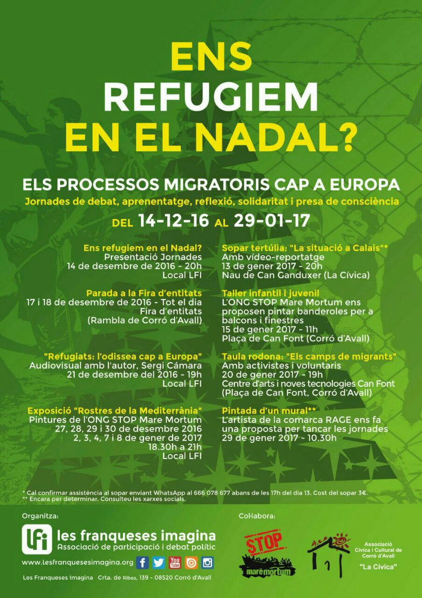 LFImagina's tweet photo. Jornades "Ens refugien en el Nadal" a #LesFranqueses Aquest divendres a les 20h, amb la @lacivicaLF , sopar tertúlia "La situació a Calais" https://t.co/n1LxBlD7SH