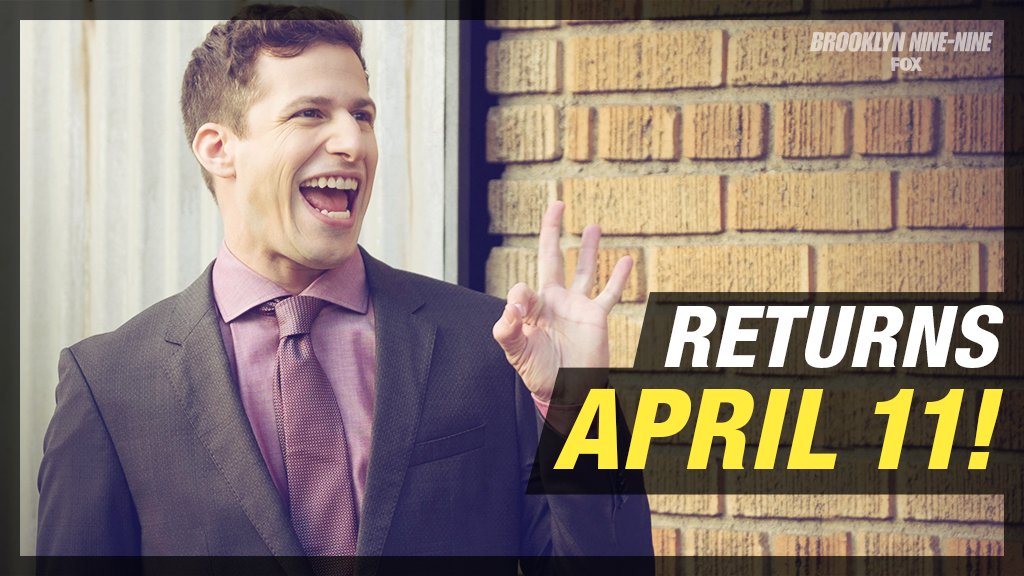 brooklyn99's tweet photo. #Brooklyn99 returns on April 11. RETWEET if you're ready! https://t.co/F9kgCJXByl